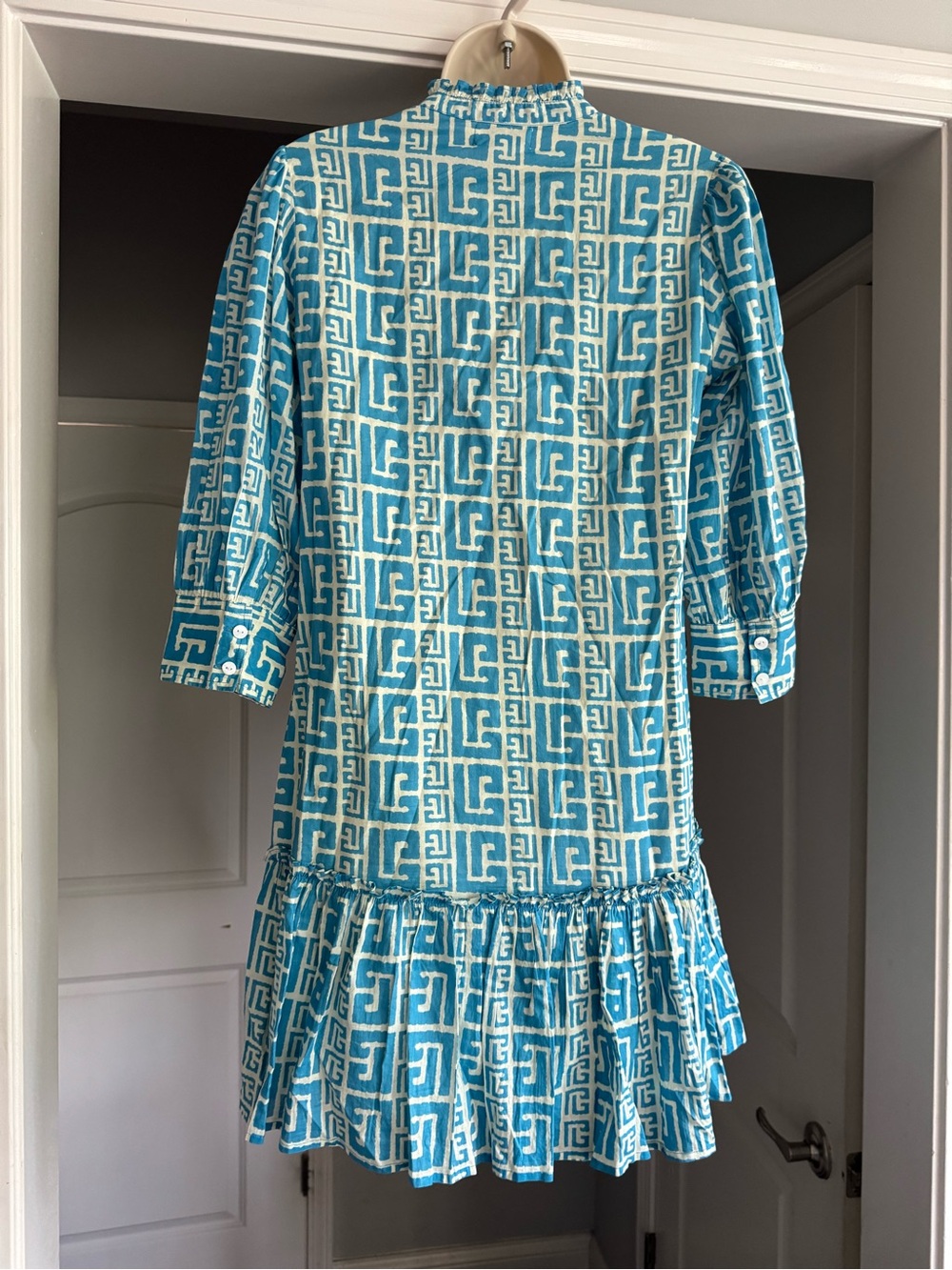 Olivia James The Label XS Blue White Geometric Print Tiered Ruffle Cotton Dress - Picture 4 of 10